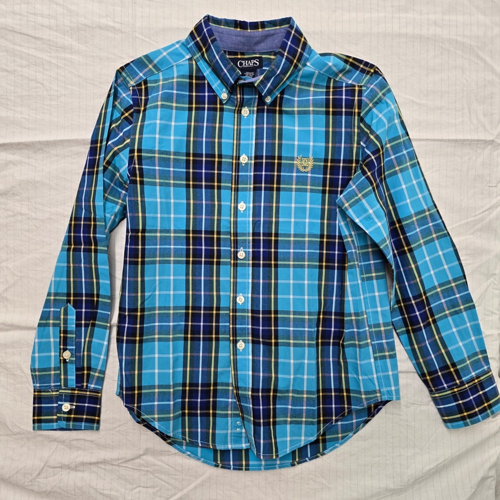 Chaps Boys Blue Plaid Button Down Shirt Long Sleeve Easy Care Size M 10-12